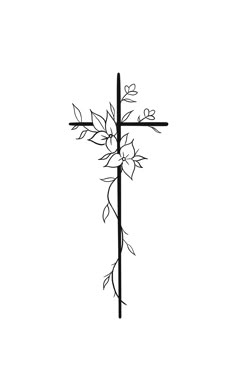 a black and white drawing of a cross with flowers on it