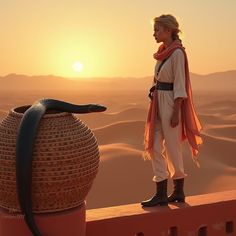 a woman standing on top of a wooden fence next to a basket and an object