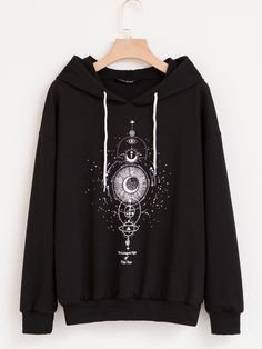 Black Casual  Long Sleeve Polyester Galaxy,Letter Pullovers Embellished Slight Stretch Spring/Fall Plus Size Sweatshirts Drop Shoulder Hoodie, Trendy Hoodies, Womens Sweatshirts Hoods, Graphic Sweaters, Cute Comfy Outfits, Teenage Fashion Outfits, Fashion Sale