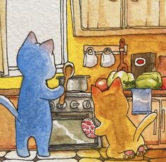 two cats are in the kitchen cooking together