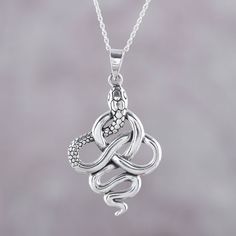 A sterling silver snake twists and turns neatly in and around itself to create a curving knot in this handcrafted pendant necklace. Designed by Neetu Barathi of India, the snake pendant hangs from a sterling silver cable chain that has an extender for ease in adjusting the length. Slytherin Ring, Slytherin Jewelry, Desert Magic, Silver Snake Necklace, Snake Jewellery, Serpent Necklace, Snake Necklace Silver, Twist Jewelry, Writing Motivation