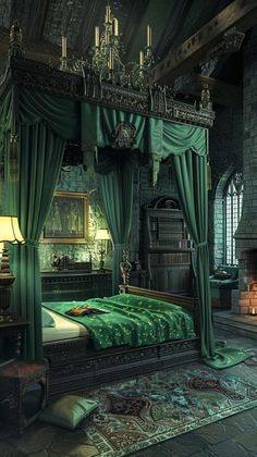 a bedroom with a canopy bed and green drapes on the curtains, along with a fireplace