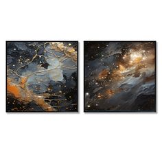 two paintings with gold and black paint on them