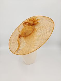 Stunning wide brimmed fascinator in goldenrod Gold Wide-brim Straw Hat For Kentucky Derby, Gold Wide Brim Straw Hat For Kentucky Derby, Gold Brimmed Straw Hat For Kentucky Derby, Adjustable Gold Straw Hat For Kentucky Derby, Gold Curved Brim Hat For Kentucky Derby, Adjustable Gold Brimmed Boater Hat, Gold Curved Brim Fascinator For Spring, Gold Short Brim Fascinator For Formal Occasions, Gold Curved Brim Hat For Formal Occasions