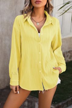 Lasaky - Classic Solid Colored Shirt with Collar - Wardrobe Essential Yellow Long Sleeve Vacation Shirt, Yellow Spring Shirt, Essential Wardrobe Pieces, Shirt With Collar, Spaghetti Strap Maxi Dress, Casual Outerwear, Solid Color Shirt, Basic Shirts, Collar Top