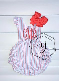 Check out this adorable monogrammed sunsuit! The perfect outfit to keep your little one cool yet stylish in those hot summer months!  This sunsuit is red, light blue, and white seersucker with ruffle trim. Made from 100% cotton. It is fully lined (not see through) with snaps at the crotch and criss cross straps that button in the back.  It also has elastic in the leg openings. A large monogram is embroidered directly onto the sunsuit using thread. Red thread will be used unless otherwise noted i Clothes Country, Baby Clothes Country, July Outfits, Santa Pictures, White Tights, Patriotic Outfit, Red Thread, 4th Of July Outfits, Hrithik Roshan