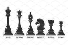 chess pieces with the words king, queen, bishop knight, pawn and pawn on them