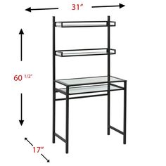 a black metal shelf with glass shelves and measurements for the top, bottom and bottom