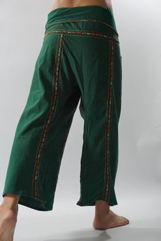 "Unisex Thai fisherman pants. One size fits all. You can wear in many occasions, casual wear, yoga wear, maternity wear, relax at home, travel etc. If you are looking for some pants that you can wear everywhere, comfortable, relax and Easy to wear. Thai fisherman pants is Answer!! Nice gift for yourself or your lover One pocket on the side for storing your items such as wallets, mobile phones, etc Approx. Measurements: One size can fits most and 1 Pockets Measurement Waist 27\" (69 cms) Length 4 Traditional Embroidered Green Pants, Traditional Green Embroidered Pants, Embroidered Cotton Wide-leg Pants, Baggy Embroidered Cotton Bottoms, Hippie Cotton Yoga Pants With Elastic Waistband, Green Cotton Ankle-length Harem Pants, Green Cotton Harem Pants For Yoga, Casual Embroidered Wide Leg Harem Pants, Green Cotton Wide-leg Harem Pants