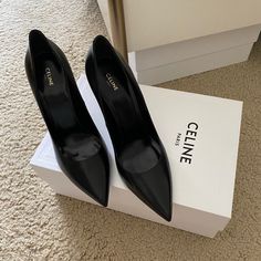 Celine Sharp Black Pumps 110mm, Comes With Dust Cover& Box Sku: 327853002c.38no.38 (Original Price Reflects With Tax Included) Designer High Heel Court Shoes For Office, Designer High-heel Court Shoes For Office, Modern Black Court Shoes With Wrapped Heel, High-end Black Pointed Toe Heels, High-end Black High Heels, Celine Heels, Nike Flyknit Racer, Celine Shoes, Wool Fedora Hat