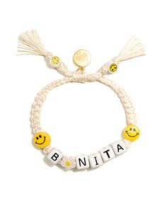 Bring a little joy to your wrist with the Bonita Bracelet! This cheerful piece is crafted with ceramic daisies and smiley faces that will make you grin from ear to ear. 6" Adjustable white threadwork Drawstring closure (extendable up to 8") Gold plated brass hardware Ceramic charms Handmade in New York City and Puerto Rico. Due to the handmade nature of our products, some charms may vary in color and style or be replaced if unavailable. Please allow 5-7 business days for production. Spanish Mothers Day, Pulseras Kandi, Ceramic Charms, Face Jewellery, Smiley Faces, Diy For Girls, Brass Hardware, Pearl Bracelet, Ring Bracelet