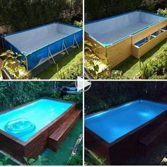 an above ground swimming pool is shown in four different stages, including construction and installation