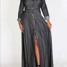 A-Lined Long Sleeve Denim Maxi Dress With Back Waist Elastic, Button Down Closure. 80% Cotton 20% Polyester Elegant Denim Dress With Button Closure For Work, Dark Wash Long Sleeve Dress With Buttons, Elegant Denim Dress With Button Closure, Elegant Button-up Denim Dress For Spring, Elegant Button-up Denim Dress With Pockets, Elegant Denim Dress With Buttons, Elegant Denim Dress With Button Closure For Fall, Elegant Button-up Denim Dress For Fall, Chic Button-up Denim Dress With Buttoned Pockets