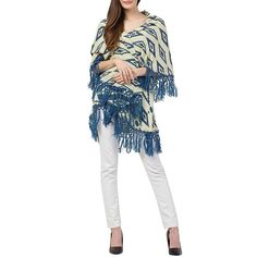 Raj Dakota Ruana Poncho  A bold print and long fringe define this open-front poncho. Wrap yourself in something exotic and transform any outfit. Summer Shawl Poncho With Tassels, Fringe Poncho For Vacation, Blue Bohemian Poncho With Fringe, Blue Bohemian Cape Shawl, Spring Multicolor Fringe Poncho, Spring Kaftan With Fringe, Open Front Poncho, Poncho Wrap, Long Fringe