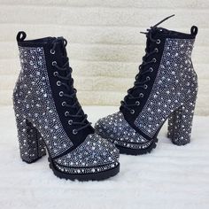 Rhinestone Playform Heel Boots, Wild Diva Boots, Party High Heel Boots With Rhinestone Rivets, Winter Embellished High Heeled Boots, Glamorous Rhinestone Heeled Boots For Winter, Party Heeled Leather Boots With Rhinestones, Party Boots With Rhinestones And Round Toe, Glamorous Platform Ankle Boots, Studded High Heel Platform Boots For Party