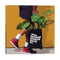 a person carrying a black bag with plants in it and the words plant, basketballs, sneakers & music art