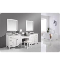 two sinks and mirrors in a bathroom with grey walls, white furniture and large windows