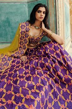 Shop for Swati Vijaivargie Purple Chanderi Silk Floral Motif Lehenga Set for Women Online at Aza Fashions Purple Lehenga, Embroidered Border, Scallop Hem, Geometric Motifs, Floral Geometric, Embroidered Neckline, Silk Embroidery, Scalloped Hem, Embroidered Blouse