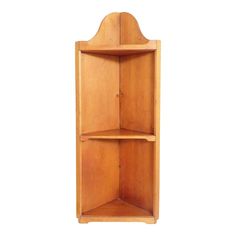 a wooden shelf with two shelves on each side and one door open to show the inside