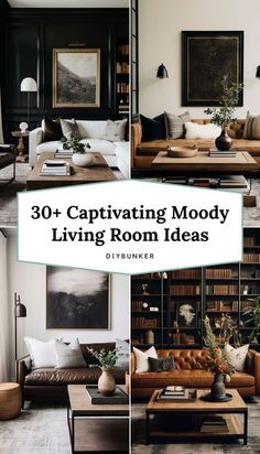 the living room is decorated in black, white and brown tones with text overlay that reads 30 + captivating mood living room ideas