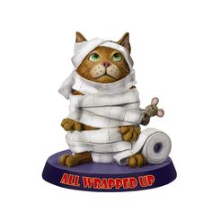 a cat with bandages wrapped around its neck sitting on top of a roll of paper