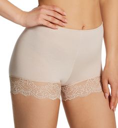 High rise boyshort panties feature lace trim around leg openings for an elegant touch. Made in a jersey knit of rayon with Lycra spandex for stretch comfort. Covered elastic waistband provides a secure fit. Solid knit front and back have center seams. 4-way stretch knit provides a flexible fit. Stretch lace trim along leg openings is invisible under clothing. Lace trim has scalloped edges. High rise styling. Full rear coverage. Sewn-in fabric care tag. Cotton crotch liner. Made in the USA. Only Elegant Fitted Shorts For Loungewear, Beige Lace Trim Shorts, Elegant Stretch Shorts, Elegant Stretch Beige Shorts, Stretch Lace Trim Shorts For Daywear, Lace Trim Short Bottoms For Daywear, Stretch Lace Trim Shorts, Stretch Shorts With Lace Trim, Beige Lace Short Bottoms