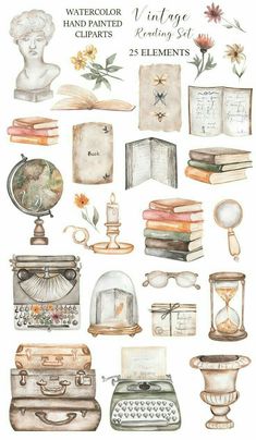 watercolor illustrations of various items from the book, including an old typewriter and books