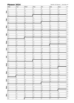 the printable planner is shown in black and white, with numbers for each month