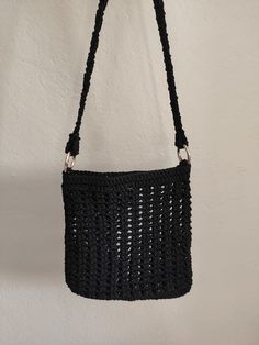 Handmade small size black straw bag suitable for daily casual boho style. Made by me. Black Woven Straw Crossbody Bag, Black Woven Pouch Shoulder Bag, Black Woven Crossbody Bucket Bag, Casual Black Rectangular Hobo Bag, Chic Black Woven Bucket Bag, Handmade Black Bohemian Bags, Summer Clutch Shoulder Bag With Braided Handles, Black Woven Crochet Bag For Summer, Casual Handmade Pouch Bucket Bag