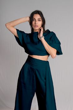 Teal high waist pants with rushed waist and pockets Real Conversation, Single Parents, Bespoke Fashion, 9 Hours, Cowl Neck Top, Cowl Neckline, Satin Silk, Wedding Guests, Wide Pants