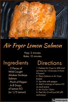 an advertisement for air fryer lemon salmon with instructions on how to cook it in the oven