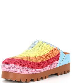 Chelsea & Violet Cleo Rainbow Embroidered Platform Clogs | Dillard's Casual Multicolor Mules With Rubber Sole, Multicolor Slip-on Clogs For Spring, Multicolor Round Toe Clogs For Beach, Multicolor Round Toe Slippers For Spring, Spring Multicolor Clogs With Cushioned Footbed, Multicolor Slip-on Mules For Spring, Casual Multicolor Slippers With Rubber Sole, Casual Multicolor Flat Heel Slippers, Casual Multicolor Closed Toe Slippers