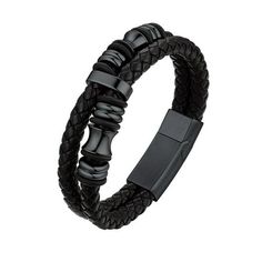 [Double-Row Braided Leather Bracelets] Fine Handcraft, made of Soft Braided Leather Material and Solid Thick Stainless Steel Tag, Comfortable Wear Feeling, Long Time to Use. [Mens Stainless Steel Bead Bracelets] Woven black leather strand featuring with stainless steel beads charms, stylish yet unique, never goes out of fashion. It can be easily macthed to your watch and outfit. [Cuff Bracelets with Magnetic Closure] Leather Bracelet Bangle Crafted with a durable latch magnetic clasp,easy to put Black Leather Cuff Bracelet, Big Bracelets, Masonic Freemason, Bracelets Leather, Stainless Steel Bracelet Men, Men Bracelets, Black Leather Bracelet, Gift For Boys