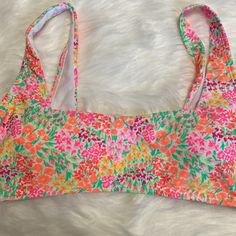 Adorable Bikini Top!! Love The Colors!!! Removeable Pads, Would Look Beautiful With White Bottoms!! Playful Floral Print Vacation Swimwear, Tropical Tie-side Bottom Bra Friendly Swimwear, Vibrant Pink Printed Swimwear, Beachy Multicolor Bra-friendly Swimwear, Vibrant Pink Floral Print Swimwear, Pink Floral Print Beach Bra, Crochet One Piece, Vintage Chanel Handbags, Pink Beach