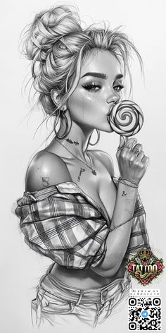 a drawing of a woman eating a lollipop