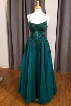 Hunter Green Floral Lace Scoop Neck A-Line Prom Dress Dark Green A Line Dress, Dark Green Homecoming Dresses Long, Hunter Green Ball Gown, Emerald Green A Line Dress, A Line Green Dress, Dark Green Vintage Prom Dress, Dark Green Lace Prom Dress, Ball Dresses Emerald Green, Hunter Green Prom Dresses