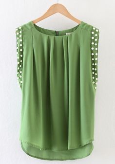 Green Plain Beading Pleated Chiffon Blouse Pleated Chiffon Blouse, Casual Gowns, Play Clothes, Green Plain, Golf Clothes, Formal Fashion, Classic Clothing, Pleated Tops, Pleated Chiffon