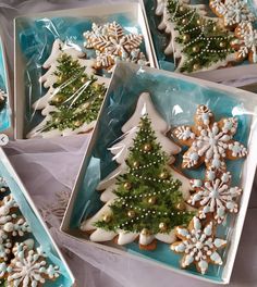 four trays filled with decorated cookies in the shape of trees and snowflakes