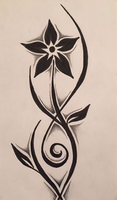 a drawing of a flower with swirls and leaves on the bottom half of it