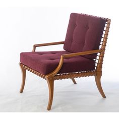 a wooden frame chair with a red upholstered seat and back cushion, on a white background