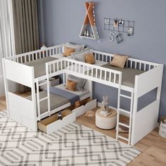 a child's bedroom with bunk beds and a rug on the floor in front of it