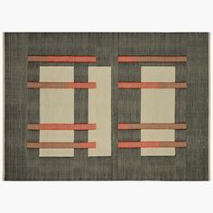 an area rug with red and white stripes on it, in the shape of rectangles