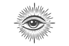 an all seeing eye with rays coming out of the iris, in black and white