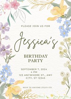 a birthday party with flowers and greenery on the front, in watercolor style