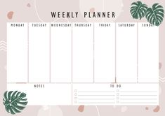 a weekly planner with palm leaves on the top and bottom, next to a pink background