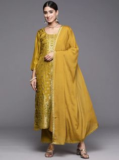 * Women Ethnic Motifs Embroidered Sequinned Kurta With Trousers & With Dupatta Pakistani Salwar Kameez / Indian Wedding Dress / Plus Size Cotton Dress Traditional Indian Wear / Salwar Kameez Dupatta / Kurti Palazzo Set   * Mustard Yellow woven design Kurta with Trousers with dupatta * Kurta design:- * Ethnic motifs woven design * Straight shape * Regular style * Round neck, three-quarter regular sleeves * 2 pockets * Calf length with straight hem * Silk blend fabric * Trousers design:- * Solid T Gold Embroidered Chanderi Palazzo Set, Embroidered Yellow Dola Silk Palazzo Set, Yellow Art Silk Anarkali Set With Chikankari Embroidery, Embroidered Banarasi Silk Palazzo Set With Traditional Drape, Embroidered Banarasi Silk Palazzo Set, Gold Art Silk Kurta With Chikankari Embroidery, Embroidered Art Silk Palazzo Set With Straight Kurta, Gold Art Silk Palazzo Set With Straight Kurta, Embroidered Gold Palazzo Set With Traditional Drape