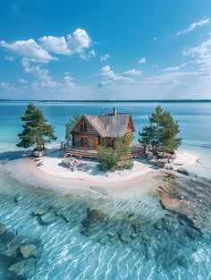 an island with a house on it surrounded by water