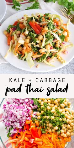 kale and cabbage pad thai salad on a white plate with the title above it