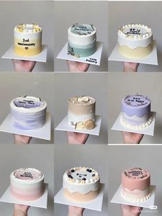 many different types of cakes on display with hands holding them up to show the same cake