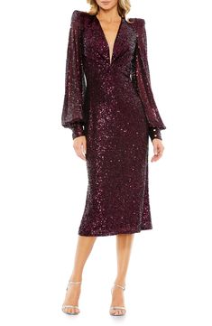 Mac Duggal Sequin Puff Sleeve Midi Dress | Nordstrom Long Sleeve Midi Dress Formal, Short Wedding Guest Dresses, Elegant Cocktail Dress, Puff Sleeve Midi Dress, Unique Prom Dresses, Sequin Party Dress, Short Cocktail Dress, Midi Cocktail Dress, Midi Dress Party